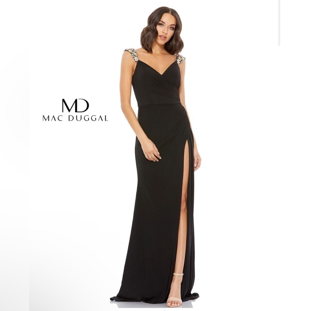 Mac Duggal Floral Strap High Slit Black Maxi Dress Size 0 Stretch 77830 Formal